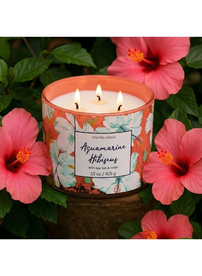Aquamarine Hibiscus Jar Candle 425grams - 3 wick Scented candle 15oz | 50 hrs burn-time | Perfect for Gifting, Home Décor, Parties & Room Perfuming | Ideal for Living room and Office Décor